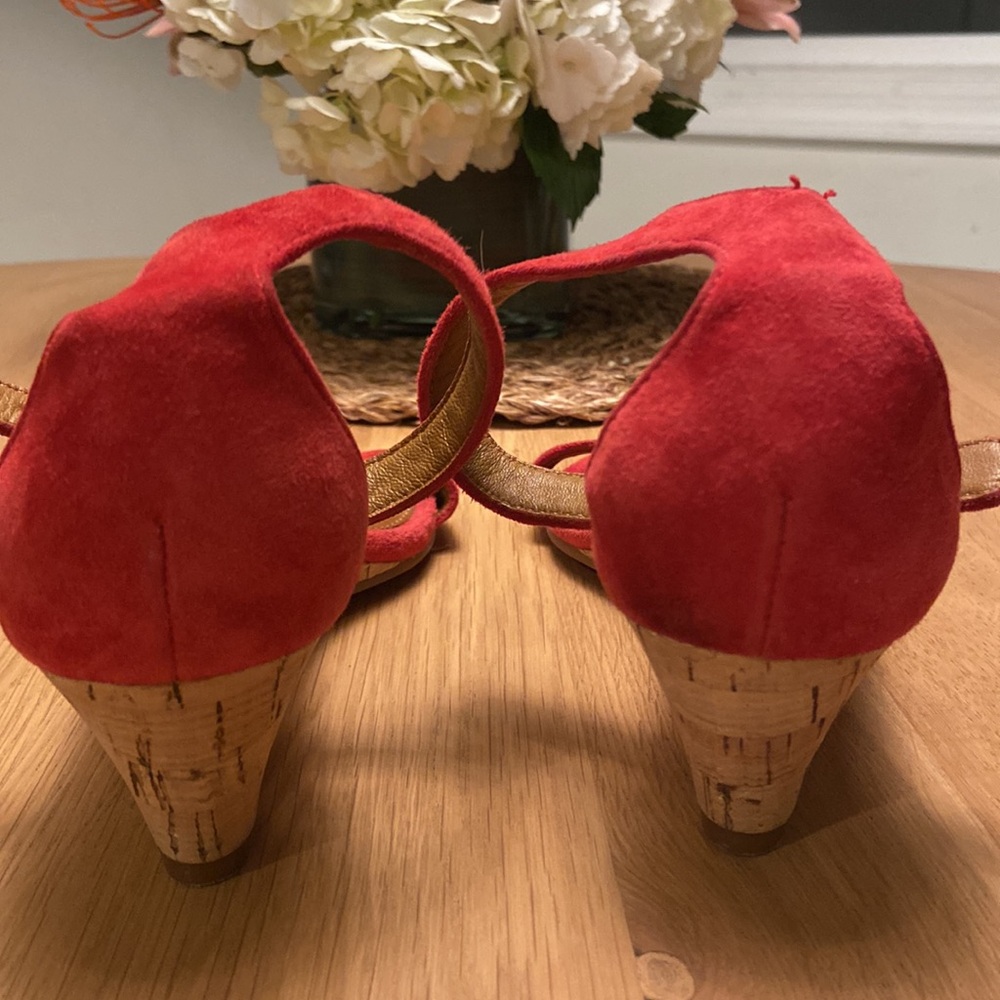 Tory Burch Red Suede Ankle-Strap Cork Wedge Sandal - Picture 7 of 8